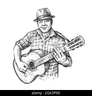 Mann spielt Gitarre. Country-Musik im Sketch-Vintage-Stil Stock Vektor