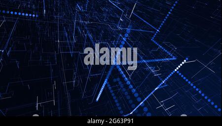 Sich schnell bewegendes 3d-Netzwerk aus blauen und weißen leuchtenden Linien auf schwarzem Hintergrund Stockfoto