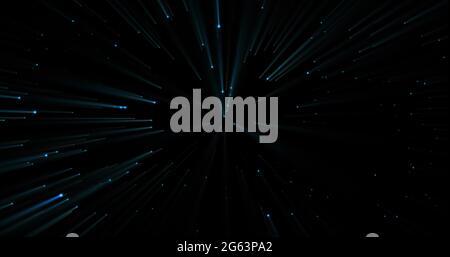 Leuchtende blaue Punkte und Lichtstrahlen bewegen sich auf schwarzem Hintergrund Stockfoto