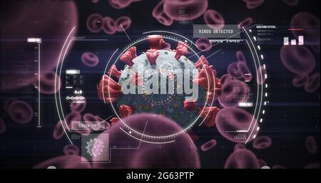 Abbildung des Scannens des Scopes und der Überprüfung der Coronavirus Covid-19-Zelle durch Blutzellen auf der schwarzen Rückseite Stockfoto