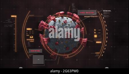 Abbildung des Scannens des Scopes und der Überprüfung der Coronavirus Covid-19-Zelle durch Blutzellen auf der schwarzen Rückseite Stockfoto