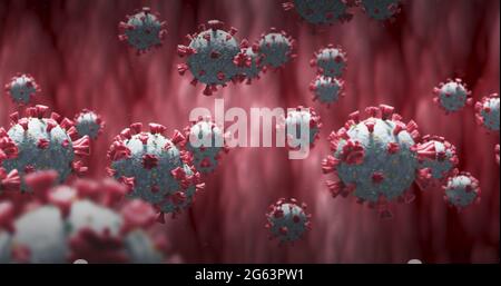 Aufnahme von Makrozellen des Coronavirus Covid-19, die in einer Vene schweben. 4k Stockfoto