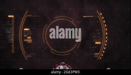 Abbildung des Scannens des Scopes und der Überprüfung der Coronavirus Covid-19-Zelle durch Blutzellen auf der schwarzen Rückseite Stockfoto