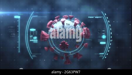 Abbildung des Scannens des Scopes und der Überprüfung der Coronavirus Covid-19-Zelle durch Blutzellen auf der schwarzen Rückseite Stockfoto