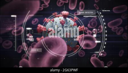 Abbildung des Scannens des Scopes und der Überprüfung der Coronavirus Covid-19-Zelle durch Blutzellen auf der schwarzen Rückseite Stockfoto