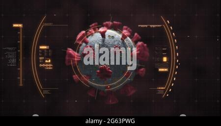 Abbildung des Scannens des Scopes und der Überprüfung der Coronavirus Covid-19-Zelle durch Blutzellen auf der schwarzen Rückseite Stockfoto