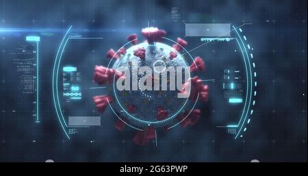 Abbildung des Scannens des Scopes und der Überprüfung der Coronavirus Covid-19-Zelle durch Blutzellen auf der schwarzen Rückseite Stockfoto