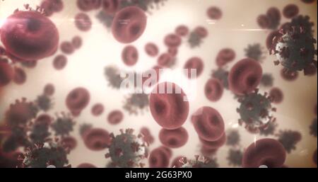 Aufnahme von Makrozellen des Coronavirus Covid-19, die in einer Vene schweben. 4k Stockfoto