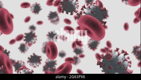 Aufnahme von Makrozellen des Coronavirus Covid-19, die in einer Vene schweben. 4k Stockfoto