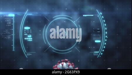 Abbildung des Scannens des Scopes und der Überprüfung der Coronavirus Covid-19-Zelle durch Blutzellen auf der schwarzen Rückseite Stockfoto