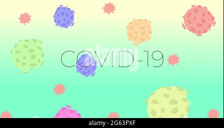 Bild eines Wortes COVID-19 in schwarzen Buchstaben über Makro-Coronavirus-Zellen, die auf Grün schweben Stockfoto