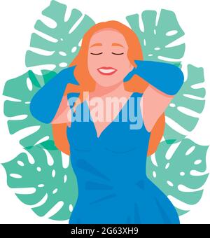 Flach. Vektor. Eine Frau mit roten Haaren in einem blauen Kleid auf einem Hintergrund aus Monstera-Blättern. Glücklich Lächeln. Liebe dich selbst und dein Körperkonzept. Nehmen Sie sich Zeit Stock Vektor