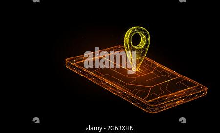 Polygonale Vektordarstellung der mobilen gps-Navigation auf schwarzem Hintergrund. Smartphone und Pointer auf der Karte futuristisches Konzept. Stock Vektor