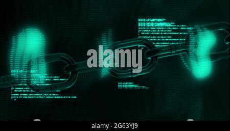 Bild der digitalen Computerschnittstelle mit Datenverarbeitung und Kettengliedern auf grün leuchtendem Backgr Stockfoto