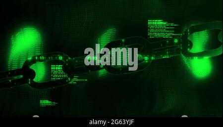 Bild der digitalen Computerschnittstelle mit Datenverarbeitung und Kettengliedern auf grün leuchtendem Backgr Stockfoto