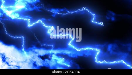 Glühend blaue Blitze von elektrischem Strom bewegen wild auf dunklen Himmel Hintergrund Stockfoto