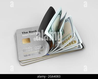 3d-Rendering von Open Credit-Karten mit Dollar-Banknoten, einschließlich Clipping-Pfad. Stockfoto