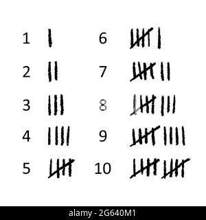 Zählmarken gesetzt. Handgezeichnete Stäbe zum Erstellen von Listen und Zählen. Schwarze Kreidesymbole auf weißem Hintergrund. Vektorgrafik. Stock Vektor