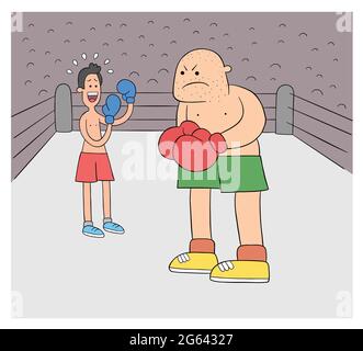 Cartoon Boxkampf, schwache und starke Boxer im Ring, Vektor-Illustration. Farbige und schwarze Umrisse. Stock Vektor