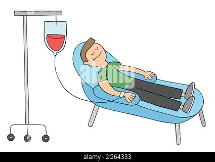 Cartoon Mann spendet Blut, Vektor-Illustration. Farbige und schwarze Umrisse. Stock Vektor