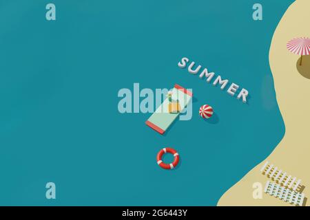 3D-Rendering des Sommerstrands mit aufblasbarer Matratze zum Schwimmen, Buchen, Ball und Rettungsring im Meer. Urlaubskonzept für Sommerreisen Stockfoto