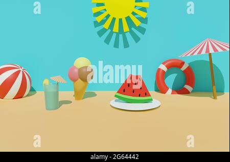 3D-Rendering von Sommersandstrand mit Sonne, Rettungsring, Ball, Eis, kaltem Getränk, Sonnenschirm und Wassermelone . Sommerurlaub, Sommeressen Stockfoto