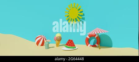 3D-Rendering des sommerlichen Sandstrandes mit Sonne, Rettungsring, Ball, Eis, Sonnenschirm, Kaltes Getränk und Wassermelone . Sommerurlaub, Sommeressen Stockfoto