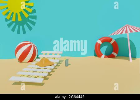 3D-Rendering von sommerlichem Sandstrand mit Sonne, Rettungsring, Ball, kaltem Getränk, Strandstuhl, Sonnenschirm und Hut. Urlaubskonzept für Sommerreisen Stockfoto