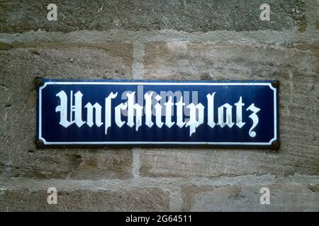 Straßennamenschild in gotischer Schrift, Nürnberg, Bayern, Deutschland Stockfoto