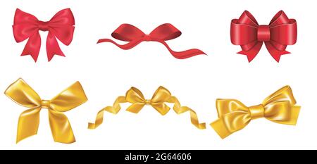 Großes Set aus roten und goldenen Geschenkschleifen mit Bändern. Stock Vektor