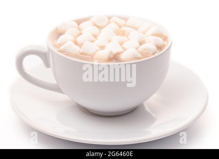 Eine Runde Tasse heiße Schokolade garniert mit kleinen weißen Marshmallows Stockfoto