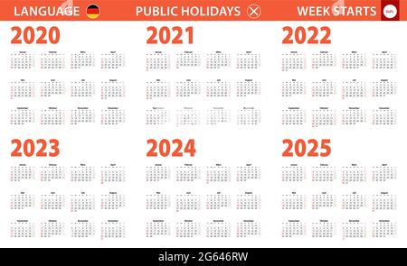 2020-2025-Jahres-Kalender in deutscher Sprache, die Woche beginnt am Sonntag. Vektorkalender. Stock Vektor