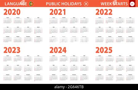 2020-2025-Jahres-Kalender in portugiesischer Sprache, die Woche beginnt am Sonntag. Vektorkalender. Stock Vektor