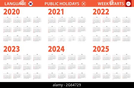 2020-2025-Jahres-Kalender in koreanischer Sprache, die Woche beginnt am Sonntag. Vektorkalender. Stock Vektor