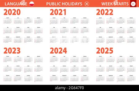 2020-2025-Jahres-Kalender in polnischer Sprache, die Woche beginnt am Sonntag. Vektorkalender. Stock Vektor