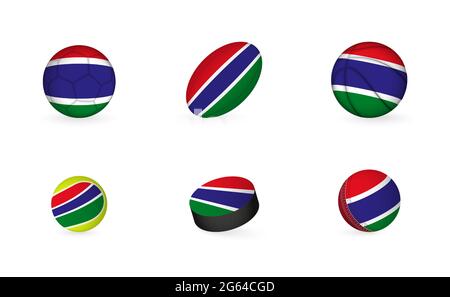 Sportausrüstung mit Flagge von Gambia. Sport Icon Set aus Fußball, Rugby, Basketball, Tennis, Hockey, Cricket. Stock Vektor