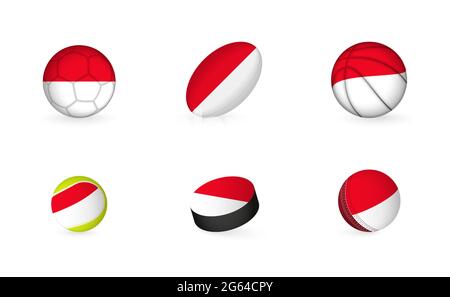 Sportausrüstung mit Flagge von Monaco. Sport Icon Set aus Fußball, Rugby, Basketball, Tennis, Hockey, Cricket. Stock Vektor