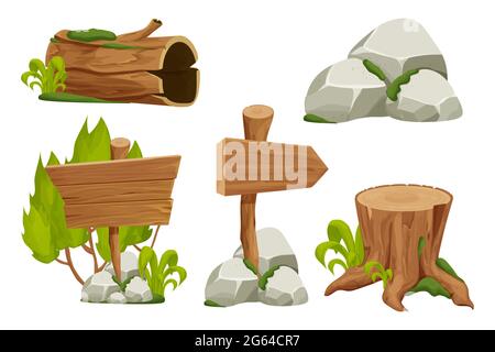 Wald Natur Elemente Landschaft mit Schild gesetzt, Baumstumpf, alten Stamm, Steinhaufen und Moos in Cartoon-Stil isoliert auf weißem Hintergrund. UI-Elemente, Vektorgrafiken der Spieleschnittstelle. Vektorgrafik Stock Vektor