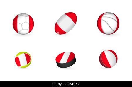 Sportausrüstung mit Flagge von Peru. Sport Icon Set aus Fußball, Rugby, Basketball, Tennis, Hockey, Cricket. Stock Vektor