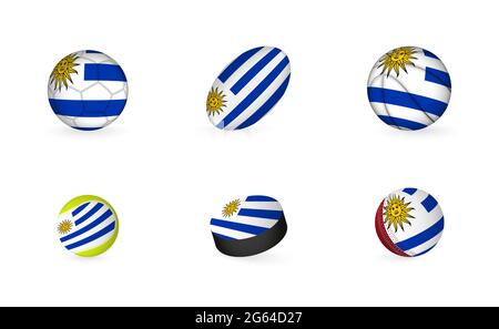 Sportausrüstung mit Flagge von Uruguay. Sport Icon Set aus Fußball, Rugby, Basketball, Tennis, Hockey, Cricket. Stock Vektor