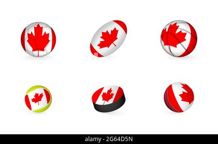 Sportausrüstung mit Flagge von Kanada. Sport Icon Set aus Fußball, Rugby, Basketball, Tennis, Hockey, Cricket. Stock Vektor