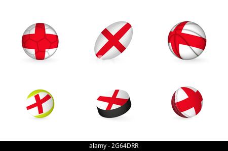 Sportausrüstung mit Flagge von England. Sport Icon Set aus Fußball, Rugby, Basketball, Tennis, Hockey, Cricket. Stock Vektor