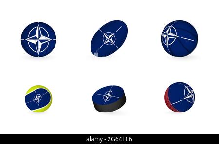 Sportausrüstung mit Flagge der NATO. Sport Icon Set aus Fußball, Rugby, Basketball, Tennis, Hockey, Cricket. Stock Vektor