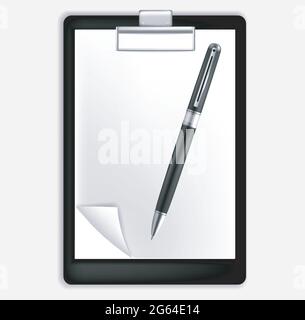 Realistischer Klemmbrett-Ordner mit leerem weißen Blatt Papier-Mock-up und Stift. Stock Vektor