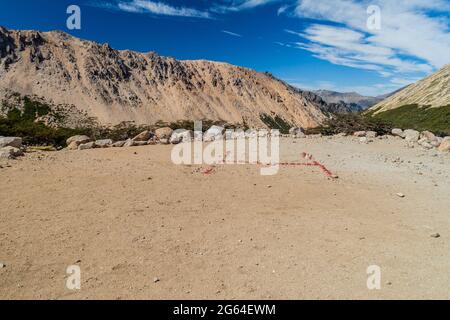 Hubschrauberlandeplatz in der Nähe der Berghütte Refugio Frey bei Bariloche, Argentinien Stockfoto