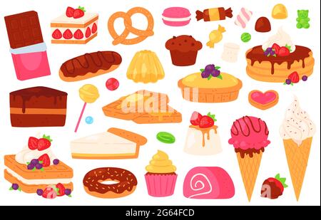 Cartoon Süßwaren Süßigkeiten. Schokoladenkuchen, Cupcake, süß gebackenes Gebäck und Pfannkuchen, Eis, Gelee und eclair. Dessert Food Vektor-Set Stock Vektor