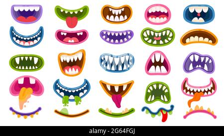 Cartoon Monster Münder. Unheimlich und lustig Mund mit Zähnen und Zunge. Halloween Masken, Monster Joker lachen und gruselige Clown Lächeln Vektor-Set Stock Vektor