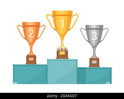 Siegerpodium mit Trophäen. Siegerpodest mit goldenen, silbernen und bronzenen Pokalbechern. Sport- oder Rennwettbewerb verleiht Vektor-Konzept Stock Vektor