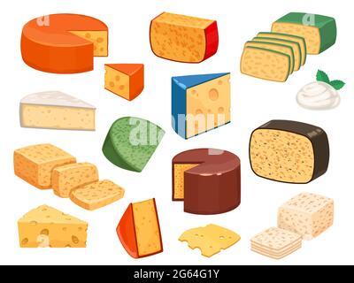 Käsesorten. Karikatur geschnitten Parmesan, Brie Dreieck, Mozzarella, gouda Cheddar und Feta Scheiben. Schmackhaftes Milchprodukt. Vektorset für Käse Stock Vektor