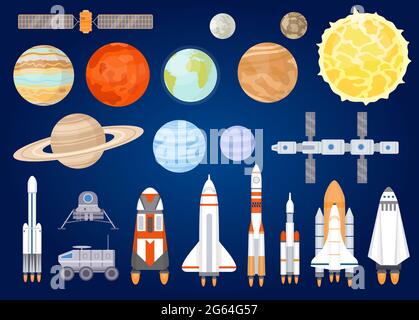 Raumelemente. Sonnensystem Planeten, Sonne, Raumschiff, Rakete, Satelliten, mars- und Mondrover. Universum erkunden. Cartoon kosmischen Vektor-Set Stock Vektor